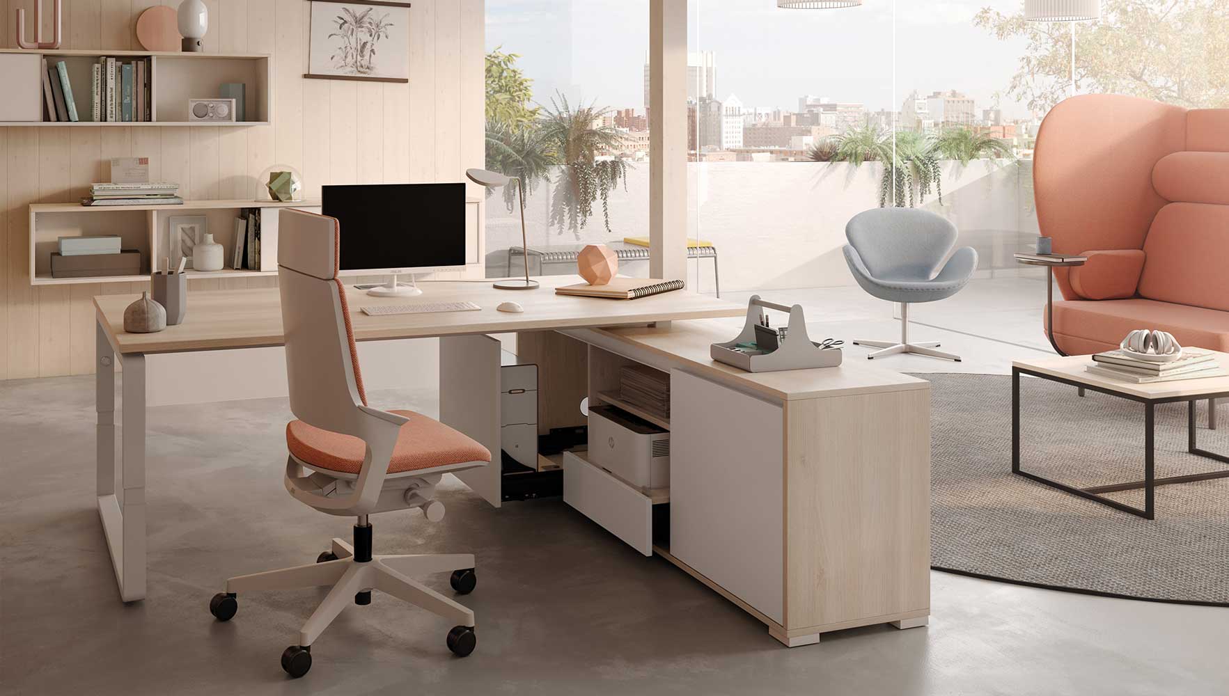 Directiebureau Pensum met een Select systeemdockingkast met CPU lade, schuiflades en een draaideur Directiebureau Pensum met een Select systeemdockingkast met CPU lade, schuiflades en een draaideur