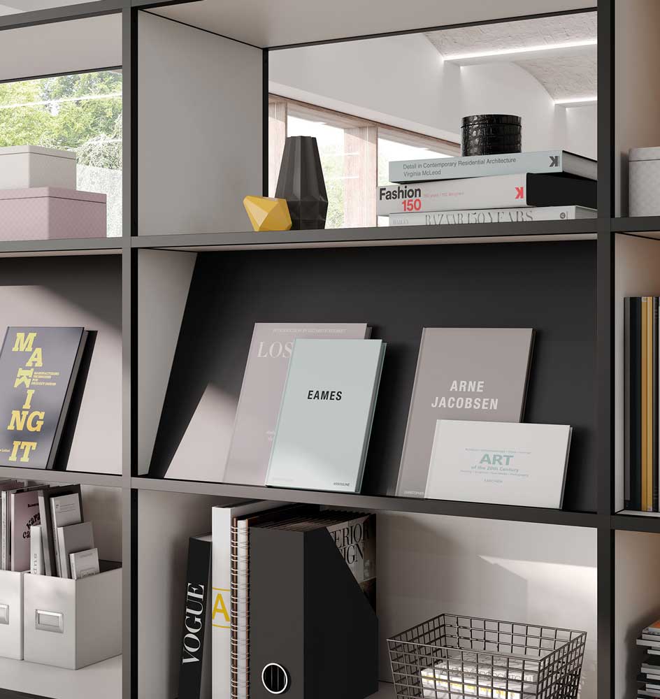 Detailfoto modulair reksysteem P4 met brochurehouder Detailfoto modulair reksysteem P4 met brochurehouder