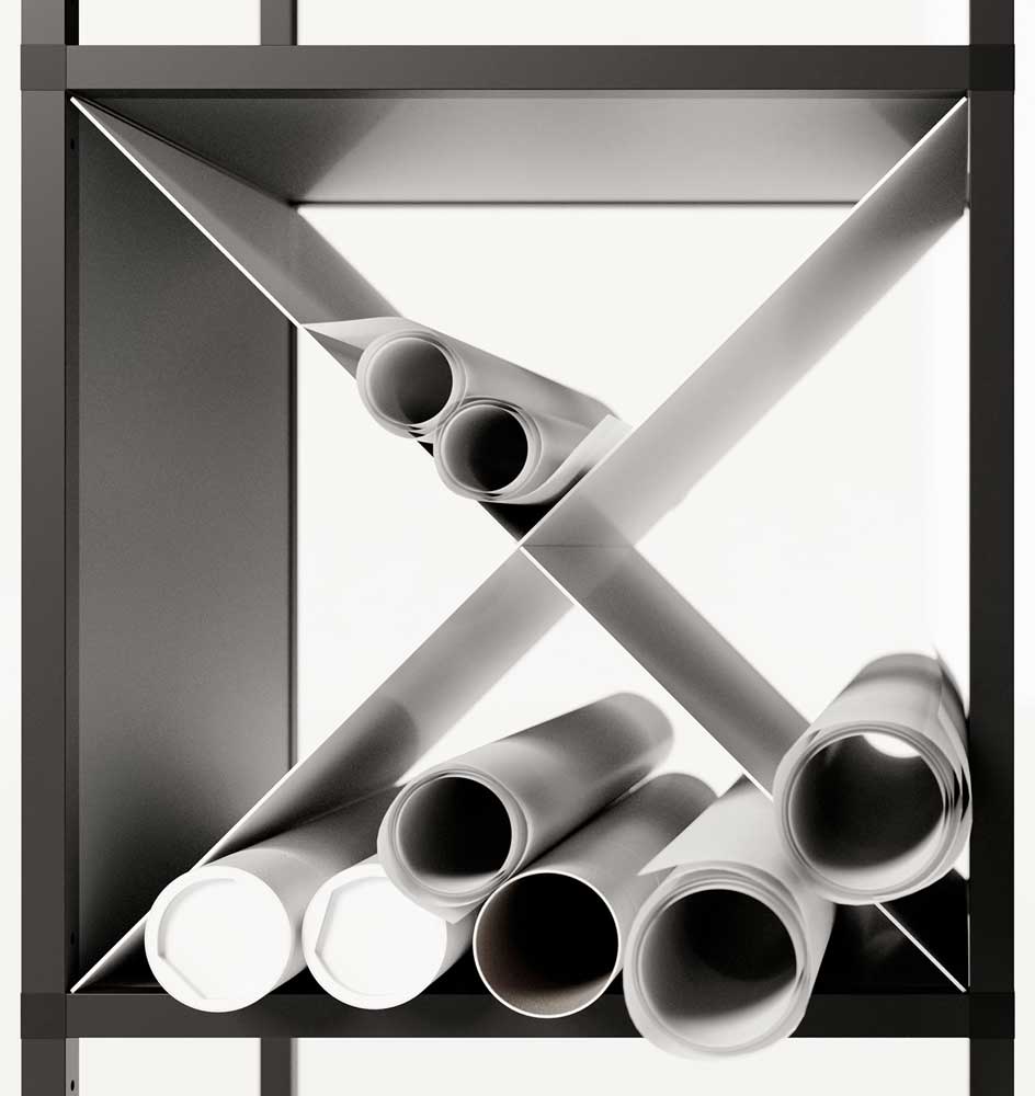 Detailfoto modulair reksysteem met vakverdeler Detailfoto modulair reksysteem met vakverdeler