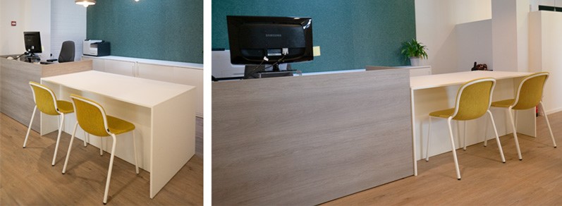 Receptieruimte inrichting met custom ontvangstbalie en designstoelen