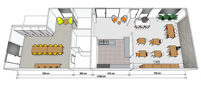 Ontwerp van een kantine-inrichting in 3D Ontwerp van een kantine-inrichting in 3D